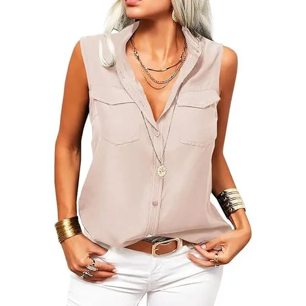 Imily Bela Women's Solid Lapel Sleeveless Tank Tops Button Down Shirts Office Ladies Shirts