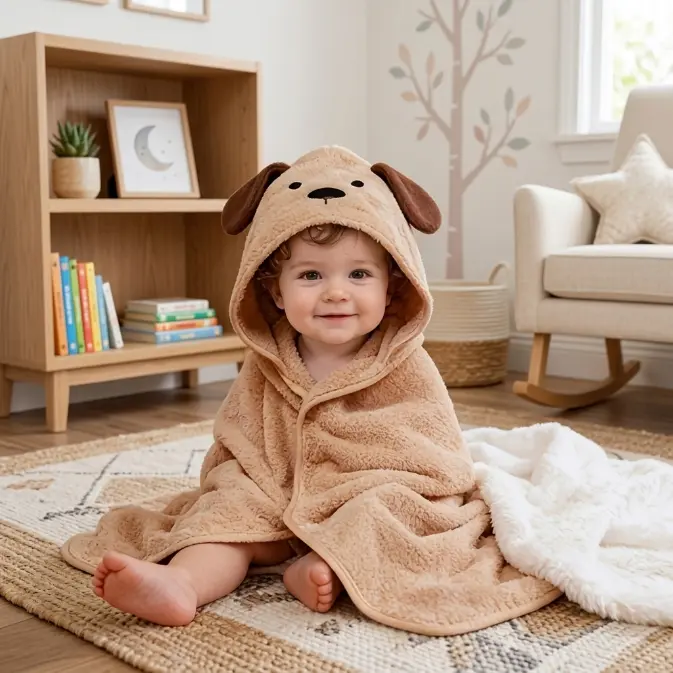 Puppy Animal Hooded Baby Towel Soft Absorbent Fluffy Toddler Bath Wrap for Newborn Boys Girls