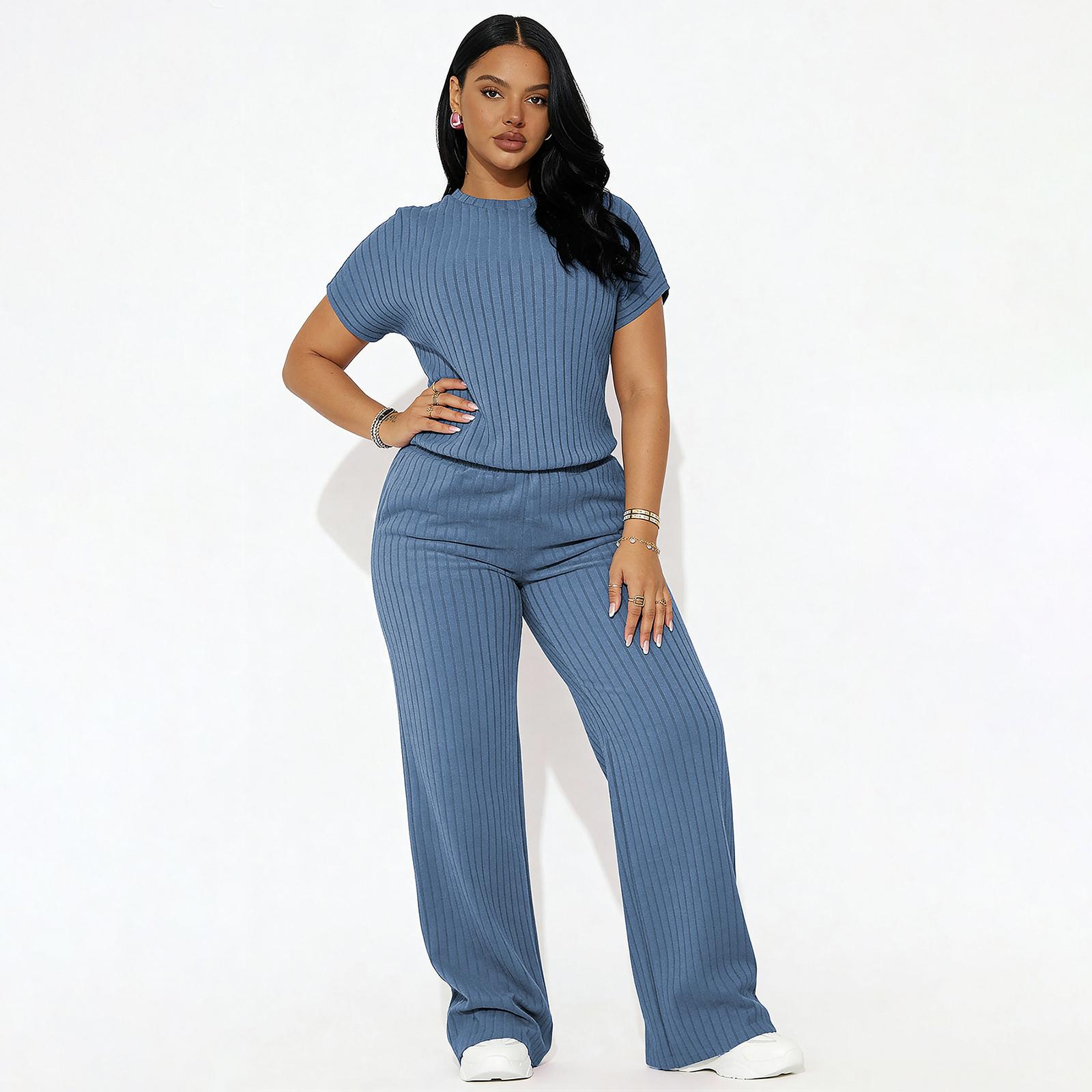 Women's Premium Ribbed Knit Co-ord Set for Spring & Summer – Short Sleeve Crew Neck Top & Straight Leg Trousers – Elegant Loungewear for Work from Home & Weekend Outings Women's Premium Ribbed Knit Co-ord Set for Spring & Summer – Short Sleeve Crew Neck Top & Straight Leg Trousers – Elegant Loungewear for Work from Home & Weekend Outings