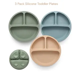 3 Pack Silicone Toddler Plates, Divided Suction Baby Plates, Non Slip BPA Free, Baby Led Weaning, Microwave Dishwasher Safe birthday gift mother