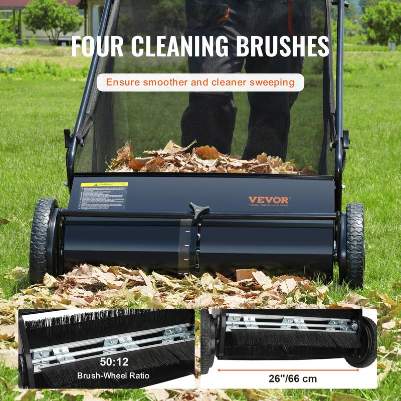 VEVOR Push Lawn Sweeper, TikTokShopBlackFriday, 26 Inch Leaf & Grass Collector, Strong Rubber Wheels & Heavy Duty Thickened Steel Durable to Use with Large Capacity 7 ft³ Mesh Collection Bag, 4 Spinning Brushes