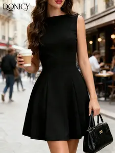 Women's Boat Neck Cross Back Sleeveless Waist Cinch A-Line Short Dress, Elegant Chic Office Date Dress for Spring Summer