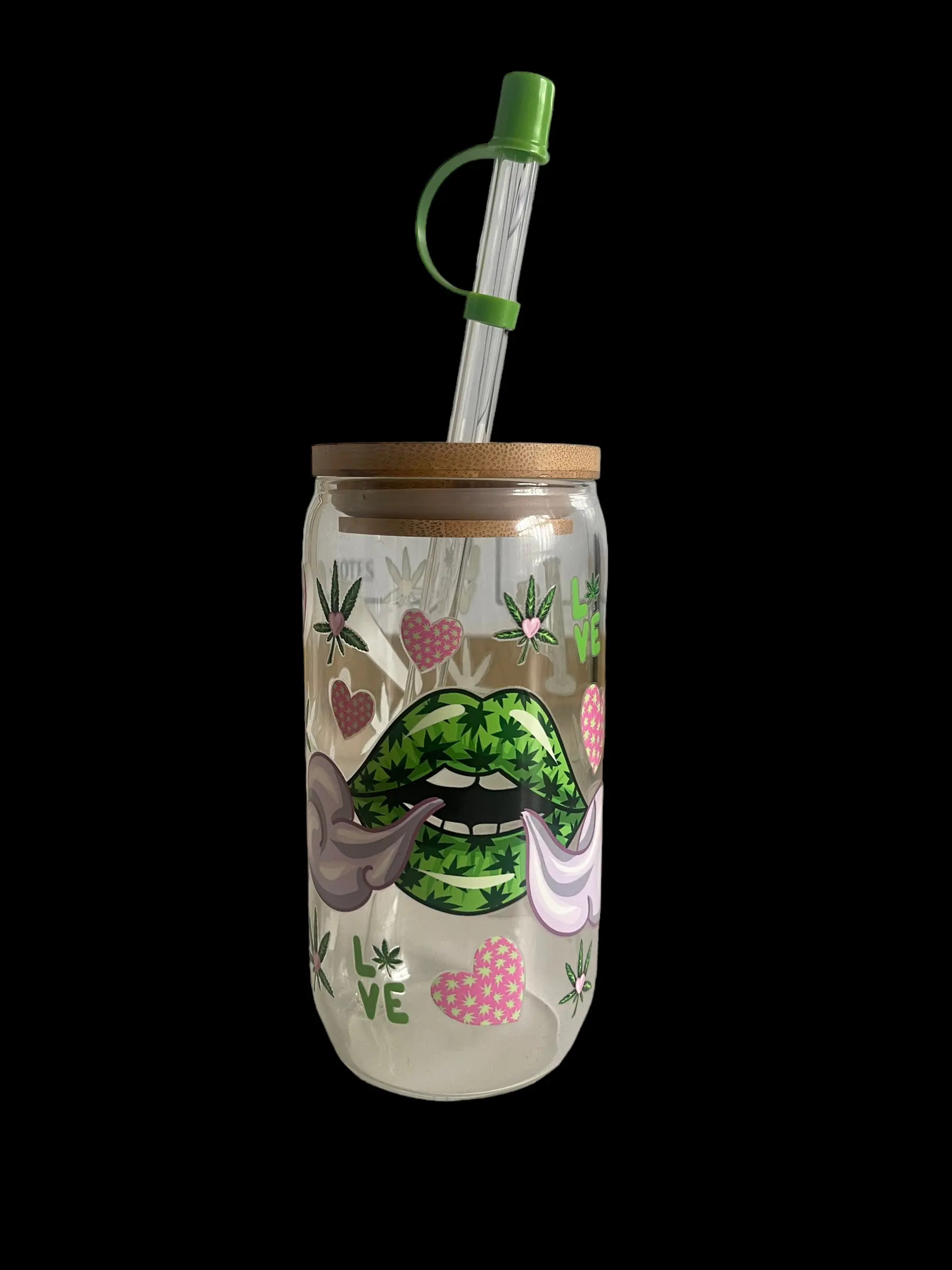 "Kiss Mary Jane" Glass Cup Bamboo Drinkware Handmade