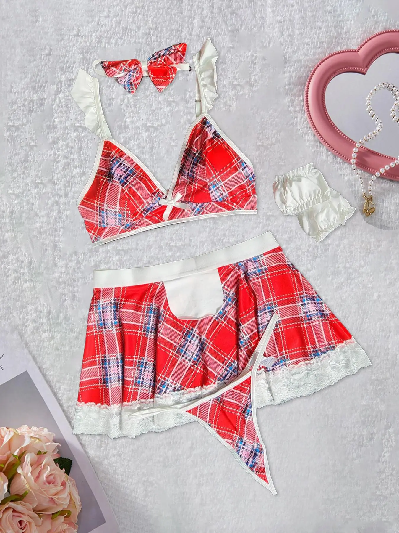 Women's Plaid Print Sexy Lingerie Set, Sexy Lingerie Set, Including Bra, Thong, Garter Belt, Choker, Ruffle Trim Stockings, Women's Lingerie & Underwear