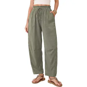 Women's Striped Barrel Casual Pants High Waisted Elastic Drawstring Trousers