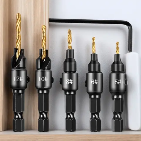 Titanium Coated Countersink Hex Shank Drill Bit Set - 5-Piece, High Precision Spiral Bits for #5-#12 Screws, Heavy-Duty Woodworking Tools for Furniture Assembly & DIY Pre-Drilling, Durable Hardware Kit for Home Repair, Premium Drill Bits