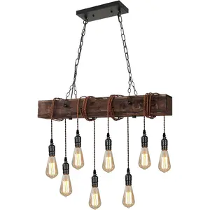 Farmhouse Pendant Lights Kitchen Island Rustic Wood and Black Metal Rectangular Chandelier Ceiling Hanging Lighting Led Lighted Modern Chandelier Wide Application