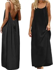 2026 New Women’s Backless Spaghetti Strap Cami Dress, Sleeveless Long Lounge Dress, Solid Color Casual Sundress with Back Tie, Soft Fabric House Dress, Summer Beach Cover Up, Sleepwear, Loungewear, Nightgown, Mother’s Day Gift, Multi-Buy Family Matching