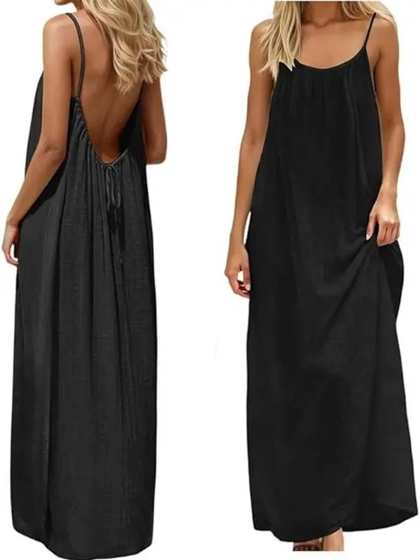 2026 New Women’s Backless Spaghetti Strap Cami Dress, Sleeveless Long Lounge Dress, Solid Color Casual Sundress with Back Tie, Soft Fabric House Dress, Summer Beach Cover Up, Sleepwear, Loungewear, Nightgown, Mother’s Day Gift, Multi-Buy Family Matching