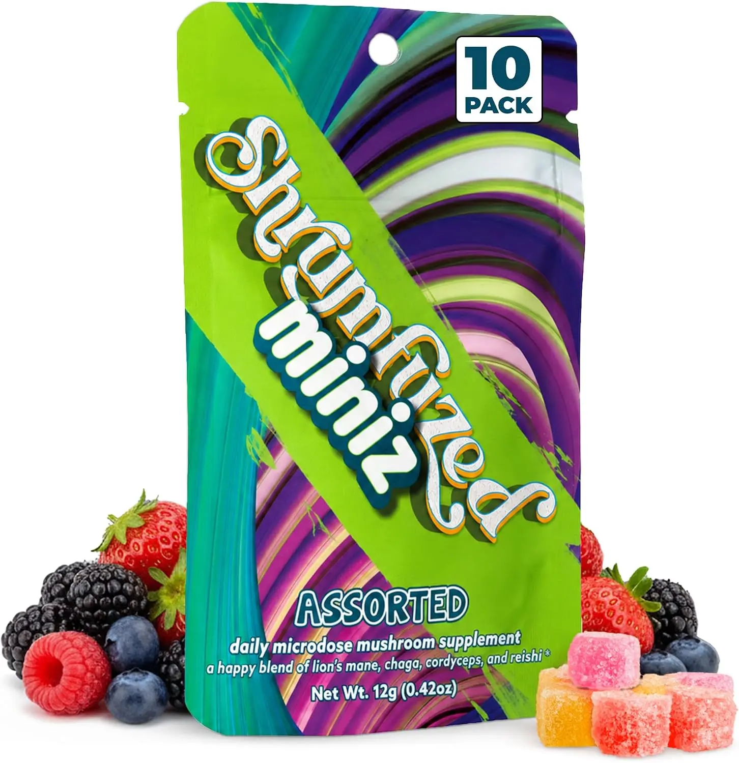 Miniz Mushroom Gummies, Assorted (10 Count) | Nootropic Mushroom Supplement with Lion's Mane, Reishi, Cordyceps & Chaga