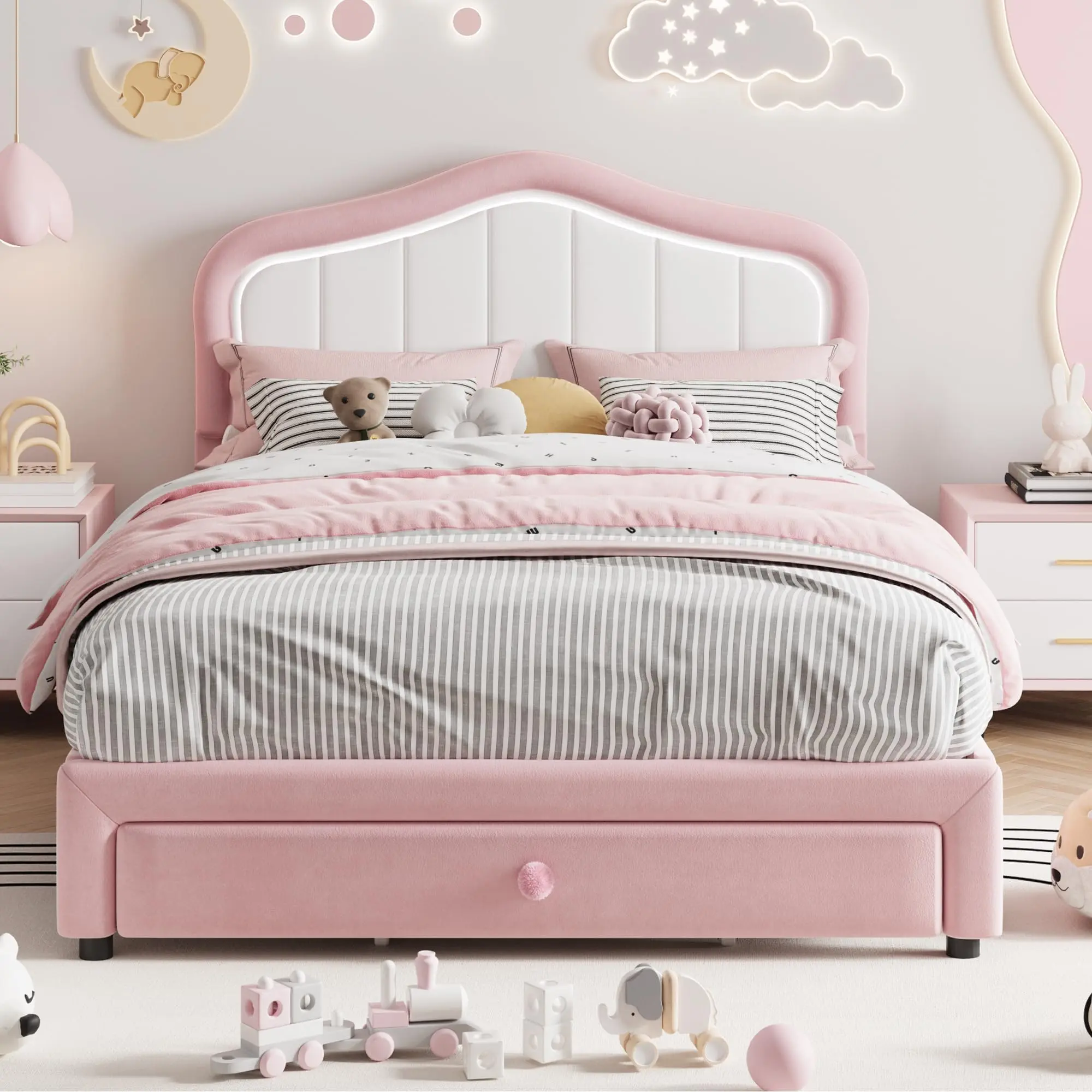 Garvee Modern Pink Velvet Upholstered Full Size LED Bed Frame with Storage Drawer, Princess Platform Bed for Girls, Wooden Slats Support, No Box Spring Needed, Easy Assembly, LED Lights, Upholstered Bed Frames