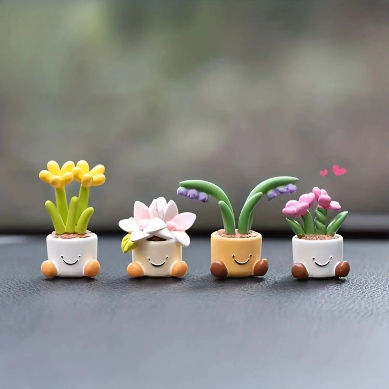 Whimsical 4-Piece Mini Potted Flower Smiling Face Ornaments Set, Cute Car Decor, Multi-Use Interior Fashion Accessory for Car Dashboard & Desk, Car Accessories