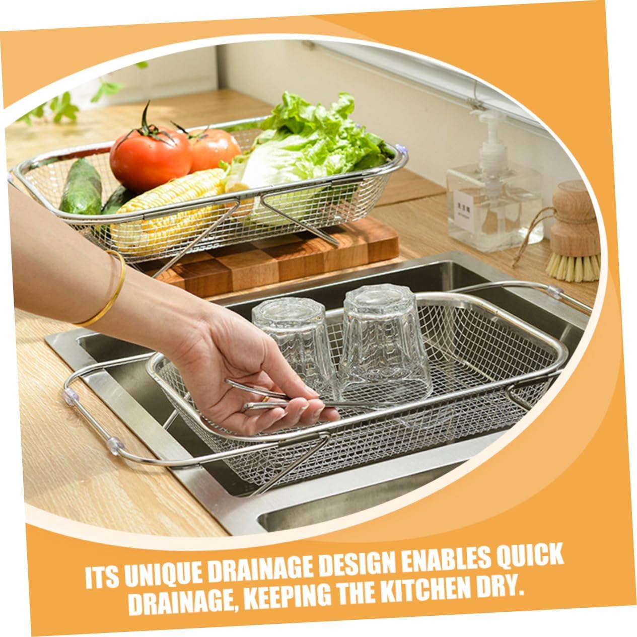 Extendable Stainless Steel Sink Drain Basket, Kitchen Colander for Vegetable Washing and Dish Drying, Retractable Food Strainer for Home Kitchen Accessories