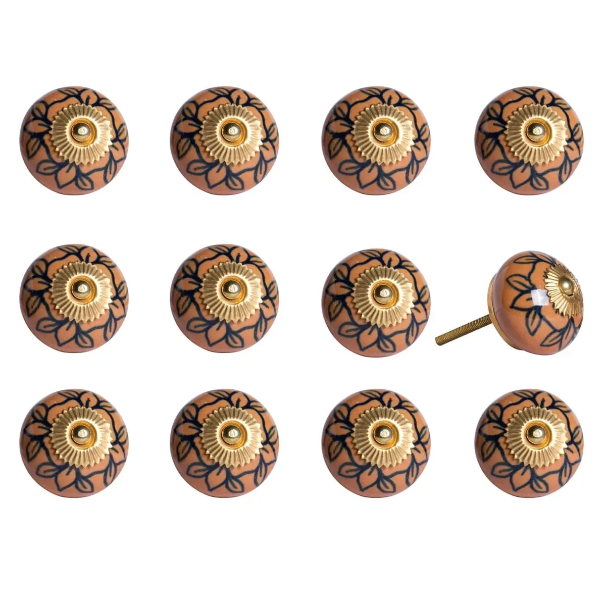 212 MAIN 1.5x1.5 in Artisan Craft Flower Ceramic-Metal Drawer Pull Knobs with Backplates - Hand-Painted Blue & Orange, Set of 12, Traditional Large Home Appliance Parts for Living Room, Adds Charm Transforms Look