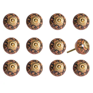 212 MAIN 1.5 in Artisan Craft Floral Theme Hand-Painted Blue & Orange Ceramic-Metal Drawer Pull Knobs with Backplates - Set of 12, Traditional Large Home Appliance Parts & Accessories