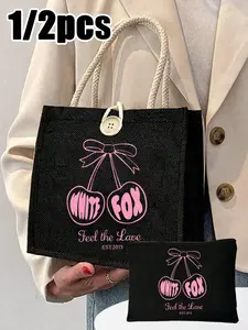 Cute Cherry Pattern Handbag Set, Women's Handbag and Wallet Set, Large Capacity, Fabric Structure, Washable, Casual Shoulder Bag