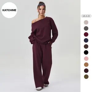 KatchMe Women's Leisure Solid Color Sloping Shoulder Long Sleeve Top & Wide Leg Trousers Co-ord, Cozy Scoop Neck Loose Two Piece Outfits, Basic Womenswear