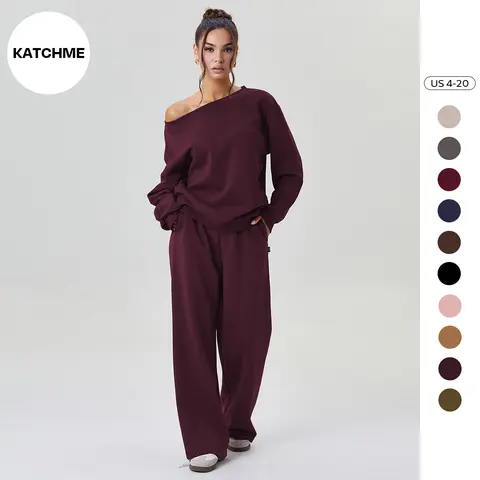Katch Me Chic(US)Women's Leisure Solid Color Sloping Shoulder Long Sleeve Top & Wide Leg Trousers Co-ord, Cozy Scoop Neck Loose Two Piece Outfits, Basic Womenswear