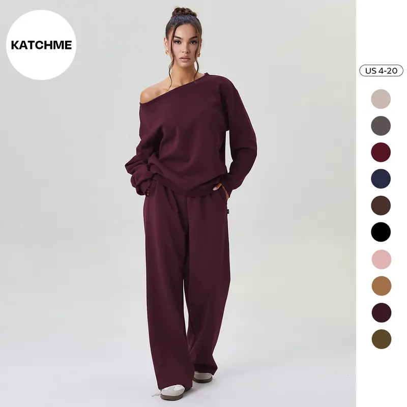 Katch Me Chic(US)Women's Leisure Solid Color Sloping Shoulder Long Sleeve Top & Wide Leg Trousers Co-ord, Cozy Scoop Neck Loose Two Piece Outfits, Basic Womenswear