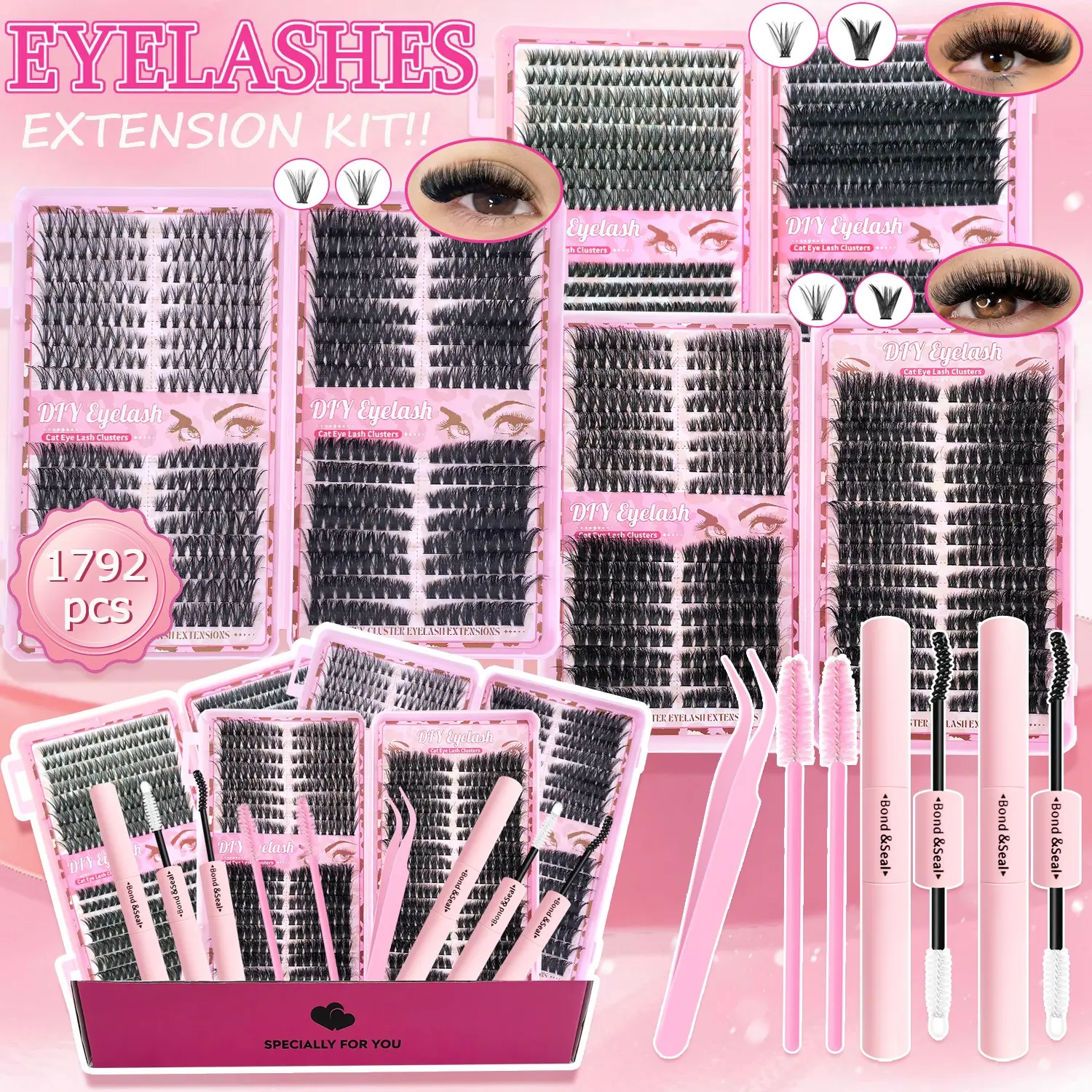 1792/2018/2200/2400PCS DIY Eyelash Extension Kit, Eyelashes Extension Set, Eyelash Set, D Curl Individual Lashes, Eyelash Clusters, Long Curled Lashes, Waterproof Lightweight, Includes Glue & Sealant, Tweezers, Brush, Gift Box