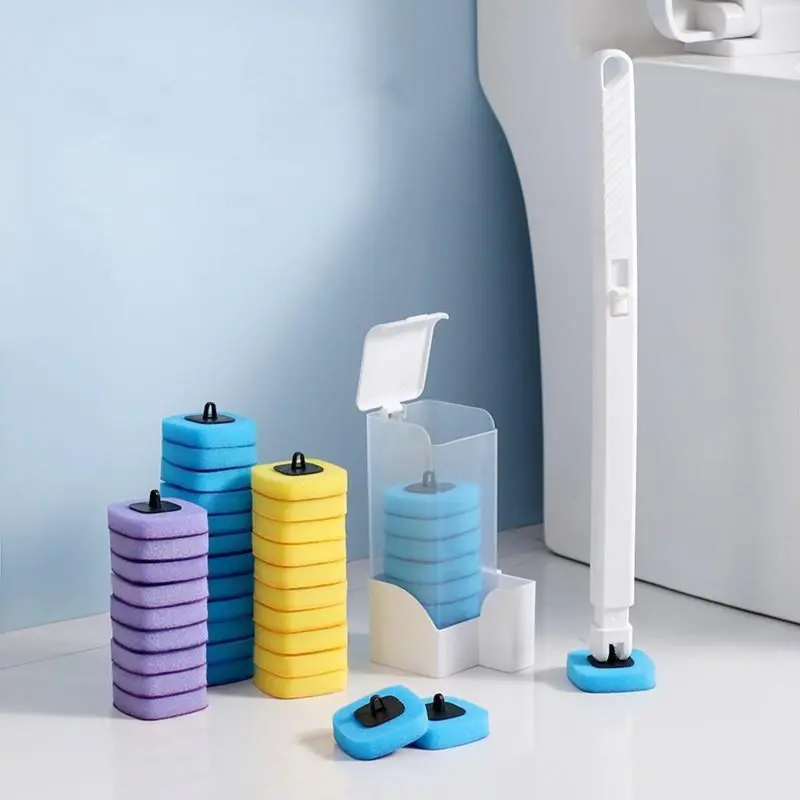 Disposable Toilet Bowl Brush Set - 1 Handle + 24 Non-Woven Replaceable Sponge Heads (Handle Incl.), Hygienic Single-Use, No Dead Corners, Multi-Color, for Bathroom Home Cleaning, 1 Handle + 24 Brush Heads