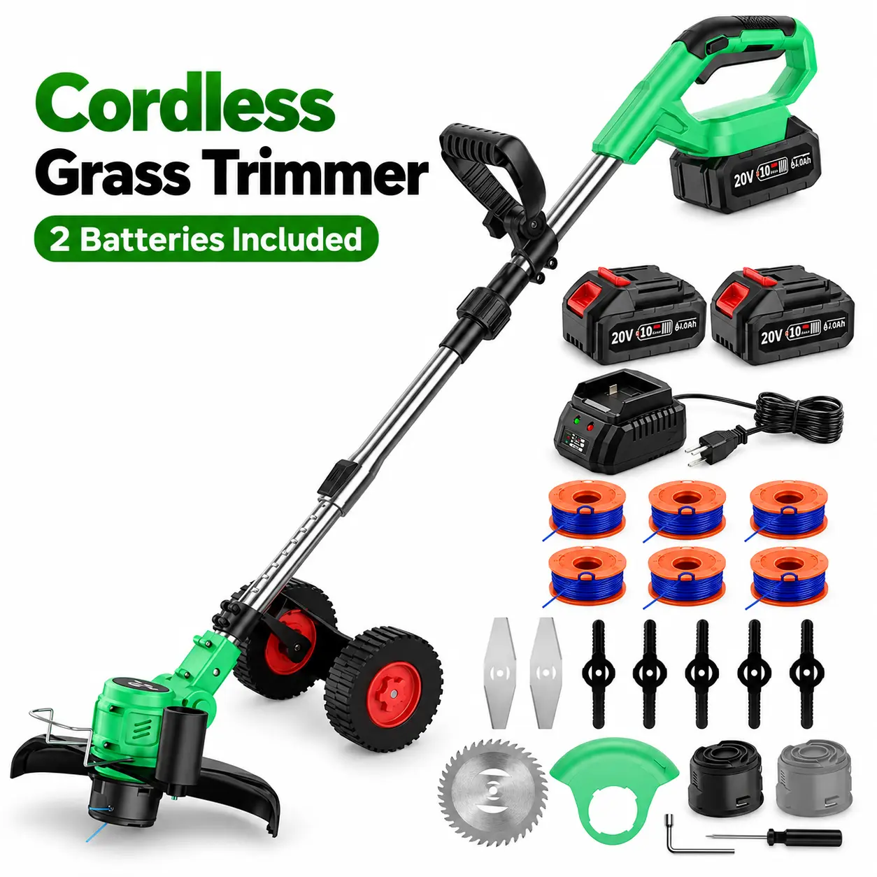 20V Cordless Steel Grass Trimmer - 3-in-1 Weed Wacker Grasscutter, Grass Edger, Adjustable Shaft & Handle, Stable Dual-Wheel Support, 2 Batteries & Charger for Yard Use