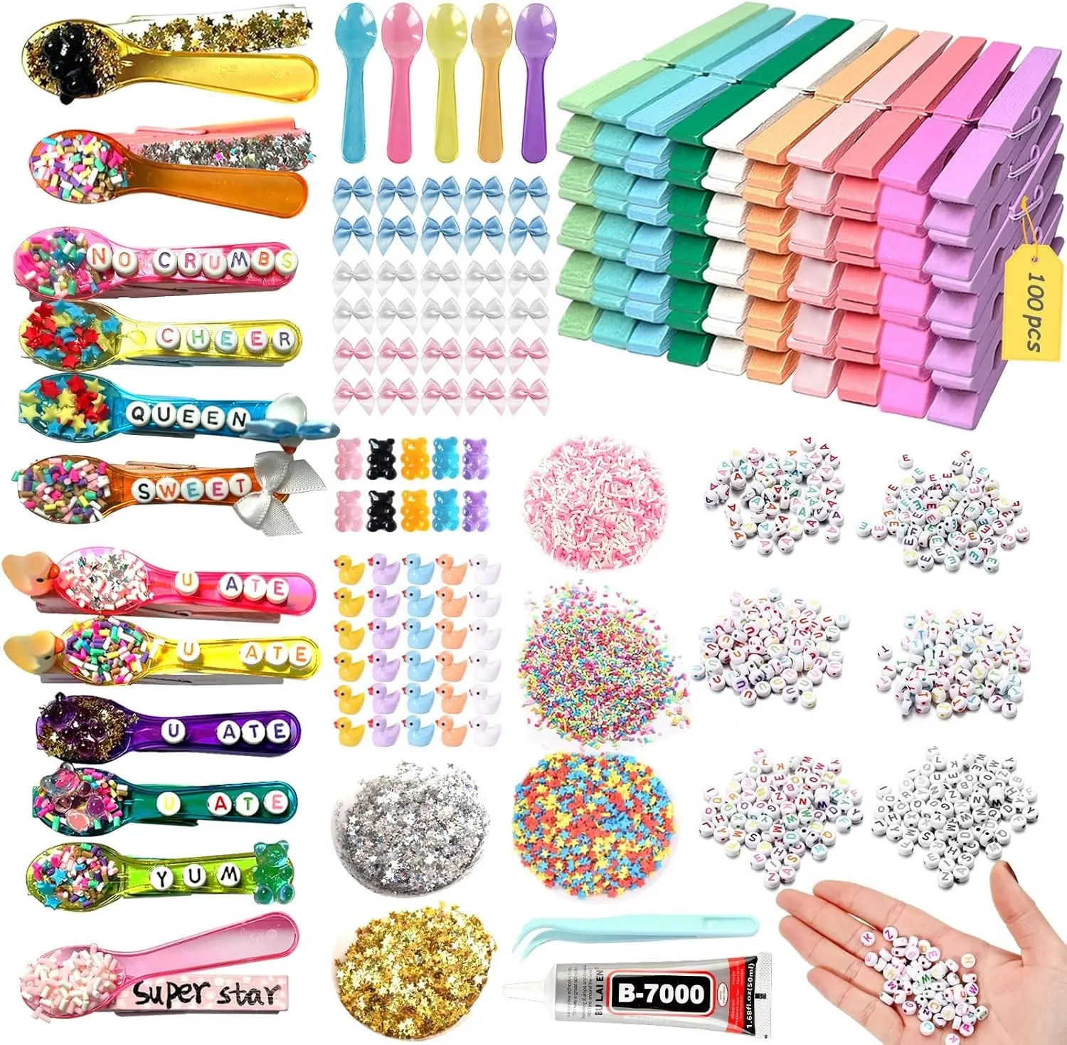 100 Set Cheer Pins Kit Include 100 Pcs Clothes Pins Wooden,100 Cheer Spoons,600 U ATE Beads & DIY Cheer Pin Charms,Cheerleader Gifts for Team Spirit(2.9 Inch, Macaron Colors)