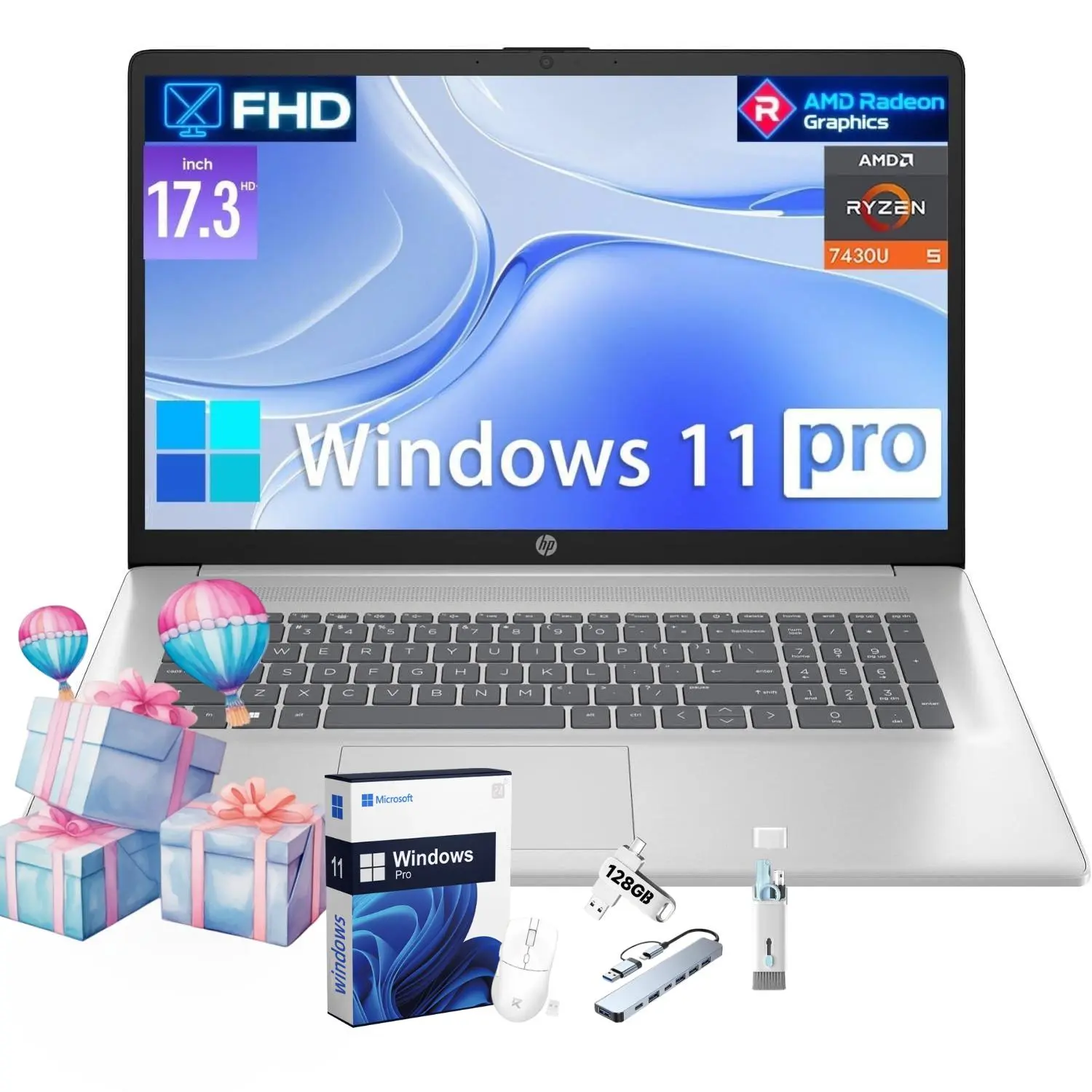 HP 17.3” FHD Anti-Glare Laptop for Business & Class Use - AMD Ryzen 5 7430U, up to 32GB RAM, 512GB SSD, Windows 11 Pro, Fast Charge, Wi-Fi 6, Work & Entertainment Ready, Cordless Capable, Built-In Batteries, Bundle Accessory, Hd Display Laptops