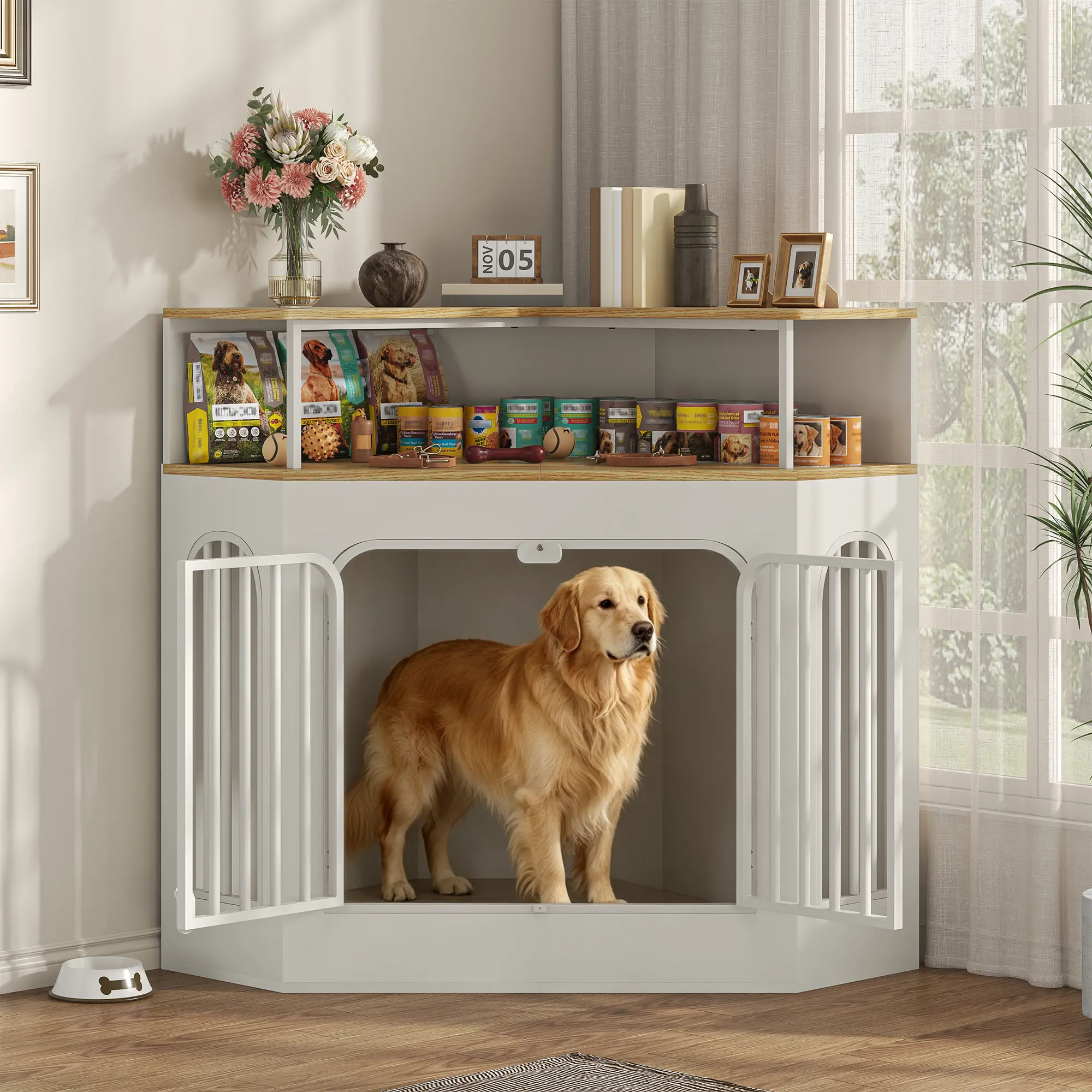 Corner Dog Crate Furniture, Space Saving Wooden Dog Kennel with TV Stand & Side Table, 200 lbs Weight Capacity, Pet Cage with Secure Lock, Easy Assembly Indoor Crate for Apartments