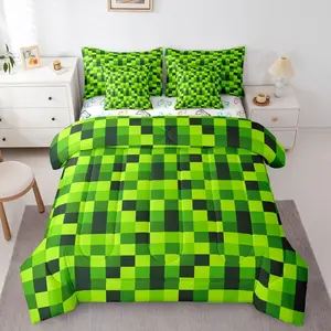 Green Pixelated Miner Comforter Set with Sheets Video Games 7 Pieces Bedding Set Cartoon Gamepad Bed in a Bag Geometric Check Checkered Grid Bed Sets