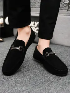 1 Pair Men's 2-Color Metal Buckle Suede Loafers | Minimal Commute Style | Durable Non-Slip Sole + Fine Suede Upper + Slip-On Design | Ideal for Commute / Casual Outfits / Daily Outings, Scratch-Resistant