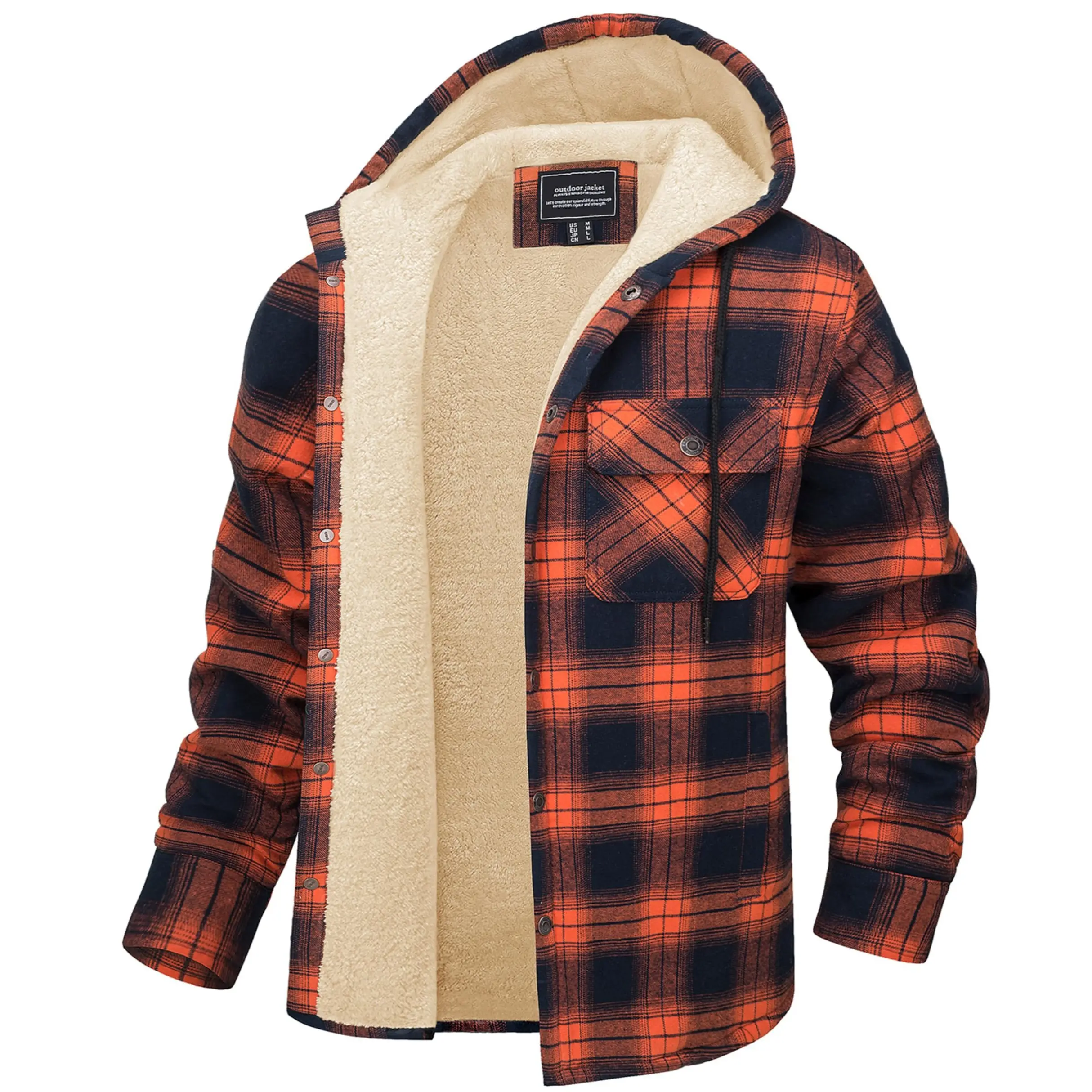 Magcomsen Men's Sherpa-Lined Plaid Flannel Jacket - Cotton Fabric Menswear Clothes, Thick Snap-Button Top with Pocket, Hooded Winter Outwear, Tops, Checkered, Shell, Office, Outdoor