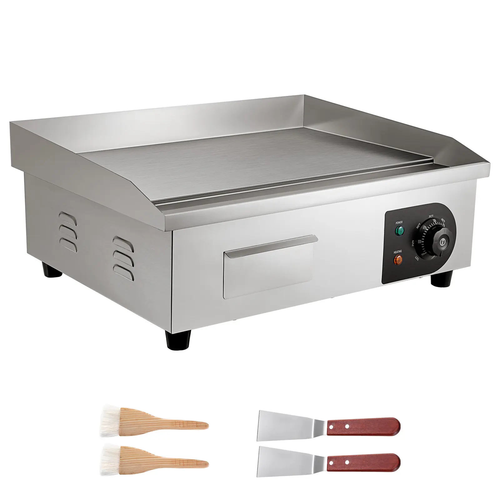 21 × 11.8 inch stainless steel commercial electric grill, 1750W power, 8mm thick iron plate 122-570 ℉ wide range precise temperature control, detachable oil pan with frying shovel cleaning brush anti slip foot pad frying steak pancake desktop flat grill