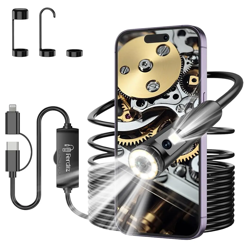 Endoscope Camera with Light, Adjustable LED Borescope, Flexible Semi-Rigid Inspection Camera, IP67 Waterproof Scope for iOS and Android