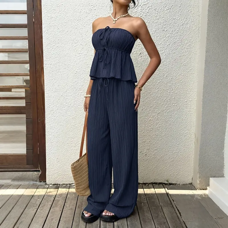 Women 2 Piece Outfit Set, Solid Strapless Ruffle Tube Top & Elastic Waist Wide Leg Pants Set, Casual Summer Vacation Matching Suit