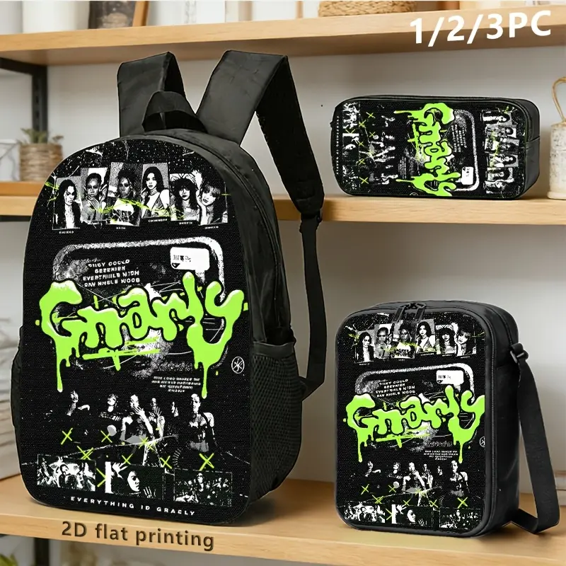 Gnarly Grunge 3-Piece Backpack Set, Neon Green Drip Print School Bag + Lunch Bag + Pencil Case, Oxford Cloth Adjustable Strap Daypack for Streetwear Fans & Kids