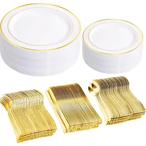 250 count  Plastic Dinnerware Sets, Includes: 50  Rim Dinner Plates, 50 Salad Plates, 50 Plastic Silverware Set,  Fancy Disposable Plates for Party and Wedding