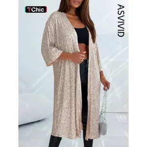 Women’s sheer cardigan with glitter sequins, drop shoulders, and an open front; casual outerwear with 3/4 sleeves for everyday wear; ladies’ clothing suitable for all seasons