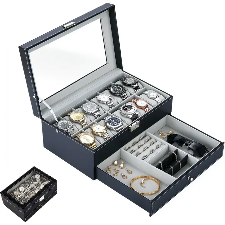 12-Slot Modern Rectangle Leather Watch Box with Clear Top, 2-Tiered Layout Watch Storage Box, Unisex Jewelry Display Drawer Case, Home Essential, Fashionable Accessory, Birthday Gift for Men Women