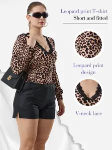 Ytech X Kaylee Outfit - Leopard Print T-shirt Short and Fitted with V-neck Lace Design for Women#Parati #GymWorkout #TikTokMadeMeBuyIt #outdoorfun#warmupforholiday#tiktokmademebuyit#Christmas costume for women-1
