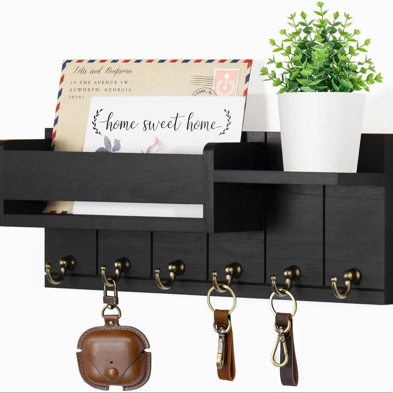 Wooden Wall Mounted Key Organizer - 6 Hooks with Small Shelf | Mail Sorter & Entryway Storage | Living Room/Entrance Decor | Home Organizing Essential | Wall Mountable