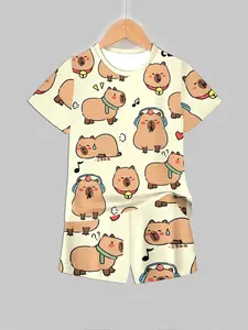 Kids Capybara Cartoon Print Short Sleeve & Shorts Loungewear Set Pajama Lounge Sets Soft Casual Pastel Cute Pajamas