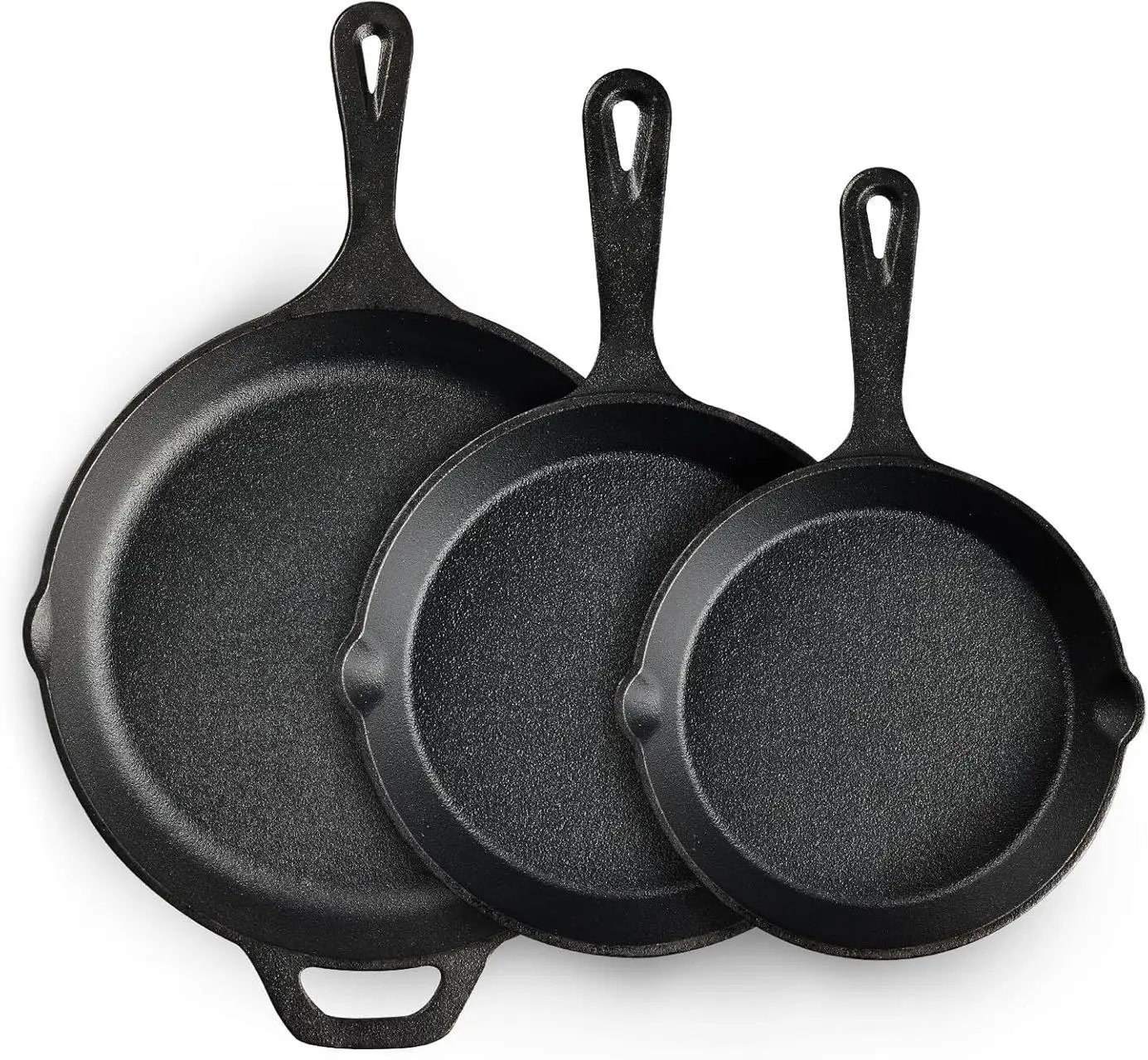3-Piece Pre-Seasoned Cast Iron Skillet Set, Heavy-Duty Frying Pans with Pour Spouts & Hanging Handles, Cast Iron Cookware for Steak, Eggs, Pancakes, Burgers, Vegetables & Everyday Home Cooking