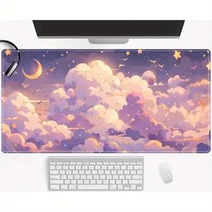1pc Kawaii Cloud, Stars & Moon Mouse Pad - Desk Mat with Non-Slip Base, Stitched Edges & Smooth Surface Suitable for Home Office, Bedside Computer - Cute Computer Accessory ()