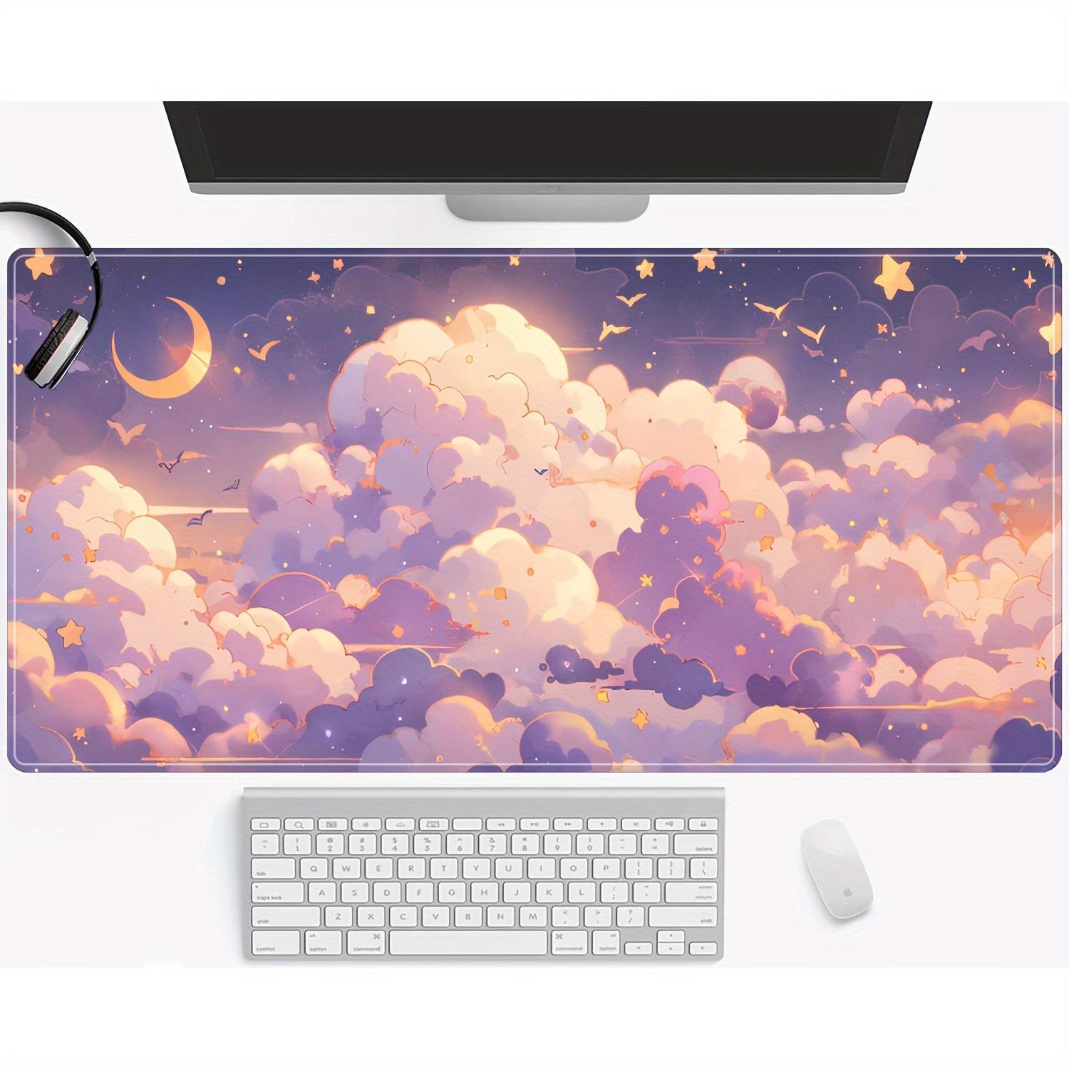 1pc Kawaii Cloud, Stars & Moon Mouse Pad - Desk Mat with Non-Slip Base, Stitched Edges & Smooth Surface Suitable for Home Office, Bedside Computer - Cute Computer Accessory ()