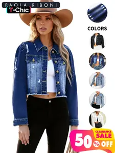 High Elasticity Denim Jacket with Fitted Design, Casual Plain Ripped Style for All Seasons, Long Sleeve Women's Outerwear