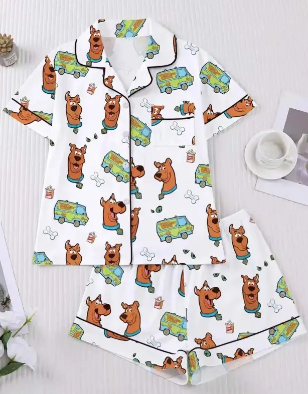 Women’s Cute Mystery Dog & Van Print Pajama Sets, Short Sleeve Button Down Top with Shorts or Long Pants, Fun Cartoon Lounge Sleepwear