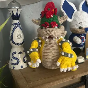 Bowser Home Made Knitted Toy with Bunny Head, Yellow Gloves & Red Hat, Ideal for Tableware and Collectibles - Bowls