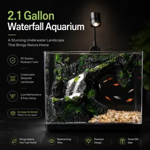 2.1 Gallon PE Acrylic Fish Tank, Desktop Waterfall Aquarium with Flowing Sand Design, Mini Aquarium Starter Kit with LED Light, Filter Pump, Decoration and Gravel