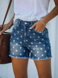American Vintage Star Denim Shorts High Waisted Short High Waist Frayed Distressed Hot Pants, Trendy Women's Summer Fashion, Comfortable and Stylish